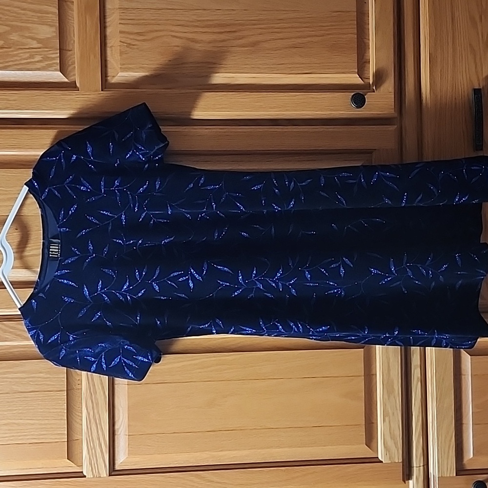 Teddi Blue and Black Leaf Felt Pattern Dress